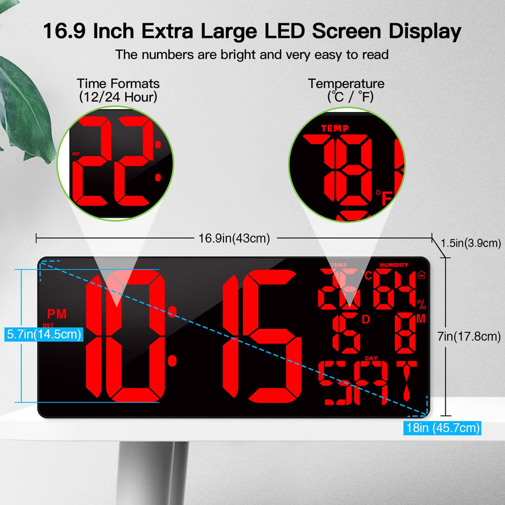 XREXS 18 Inch Extra Large Digital Wall Clock with Remote & LED Timer