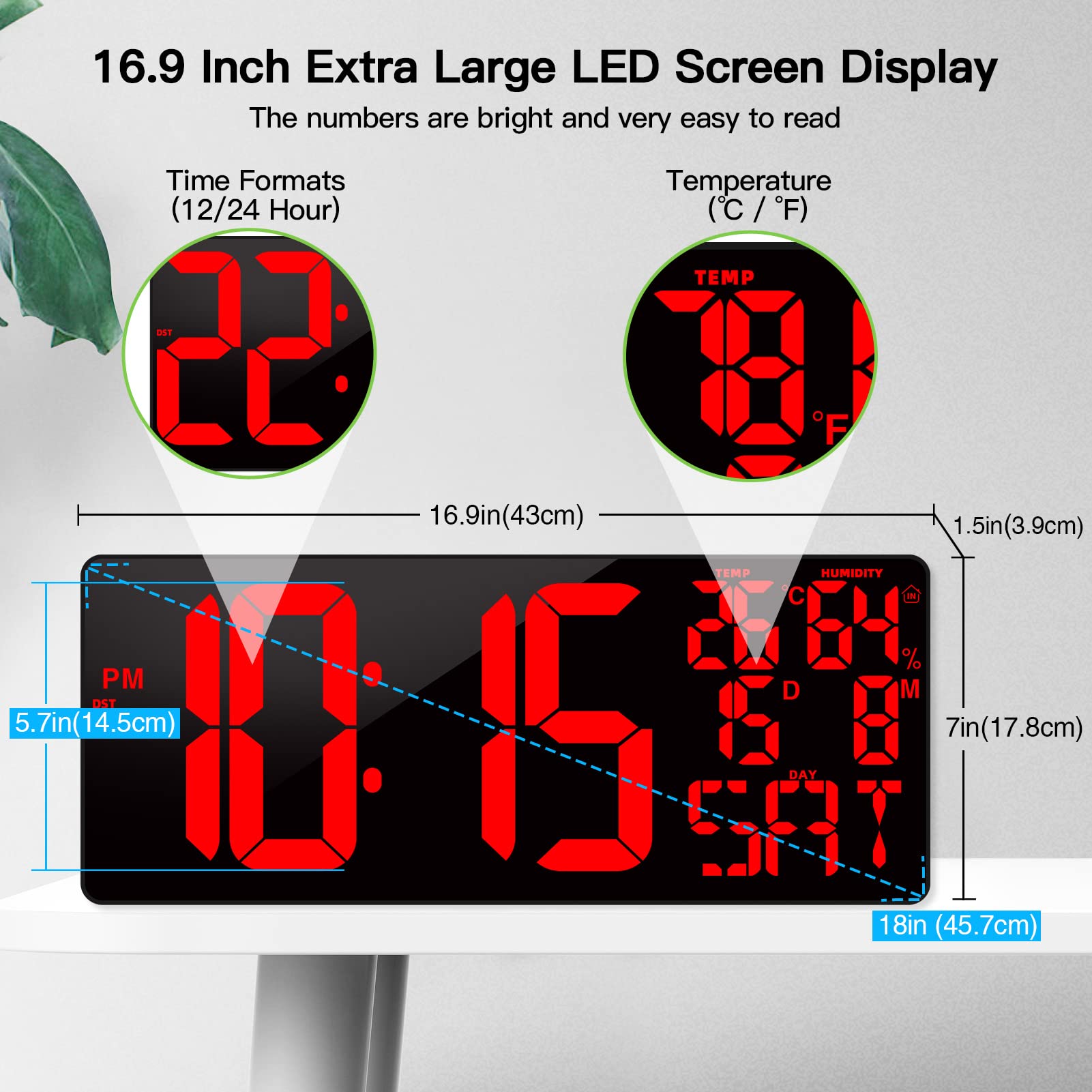 XREXS 18 Inch Extra Large Digital Wall Clock with Remote & LED Timer