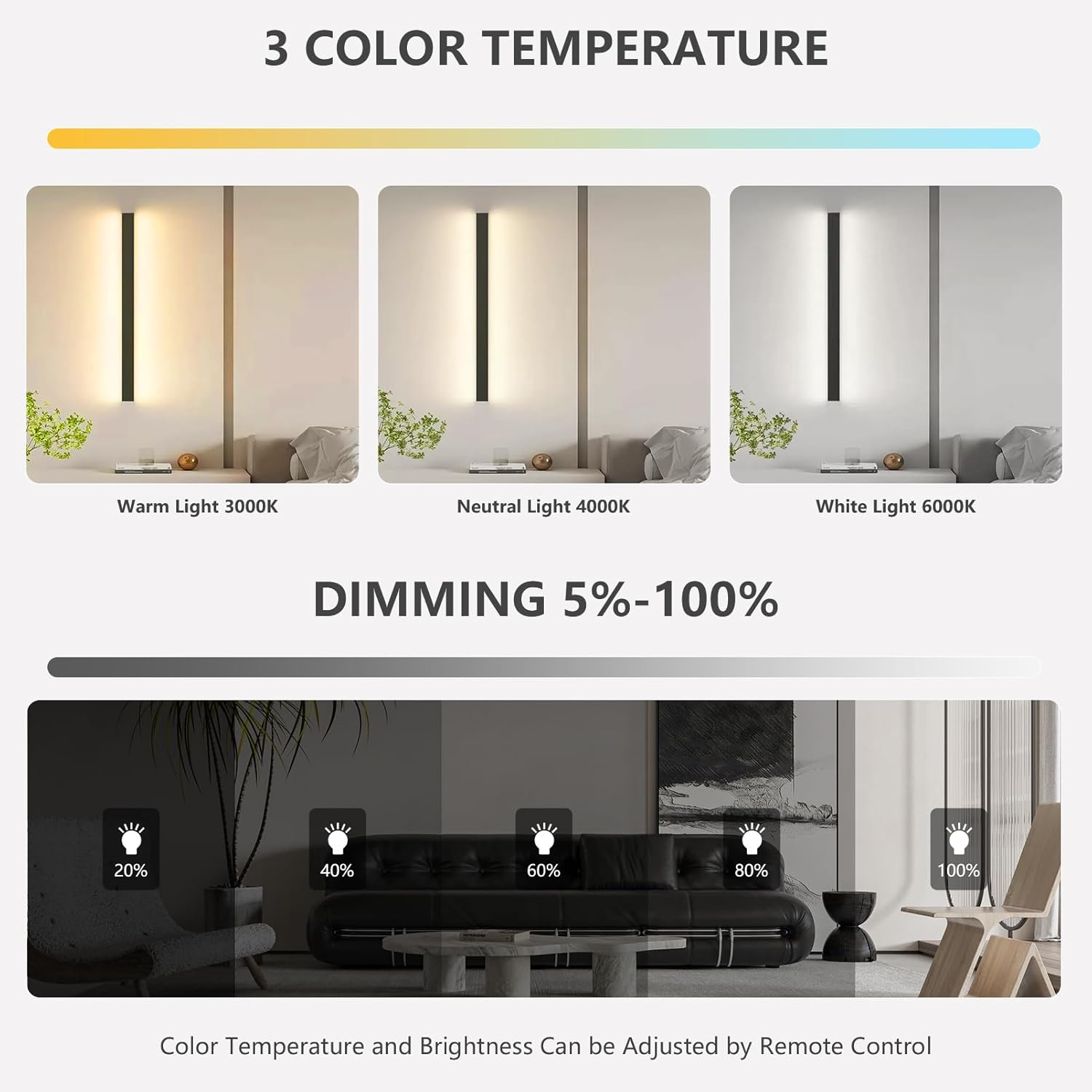SUCIKORIO LED Wall Light – 100cm Dimmable Smart Strip Sconce | Black