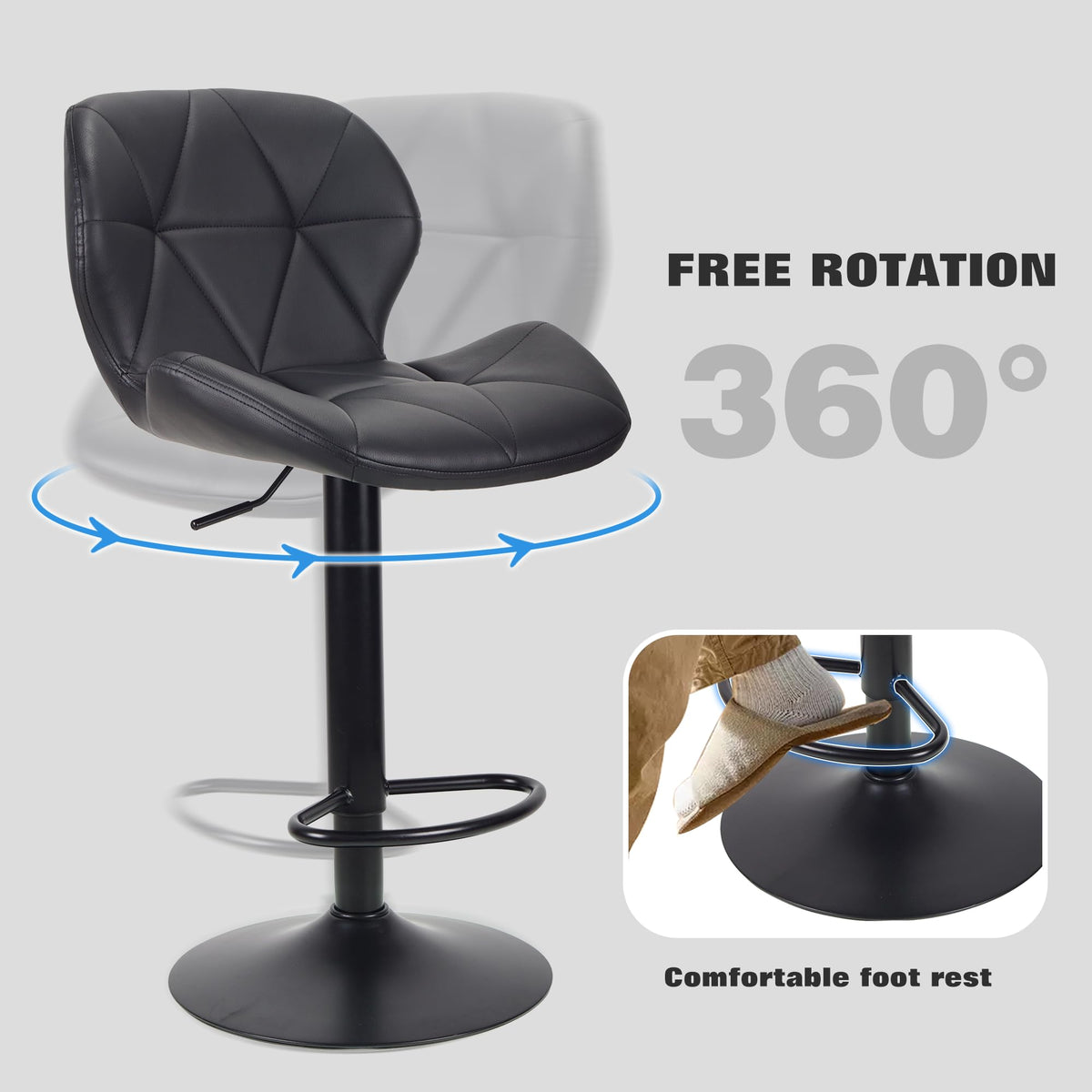 WangPangzi Bar Stools Set of 2 Bar Chairs,Modern Height Adjustable Kitchen Stools With Backs, Swivel Faux Leather Kitchen Island ChairsAll Black