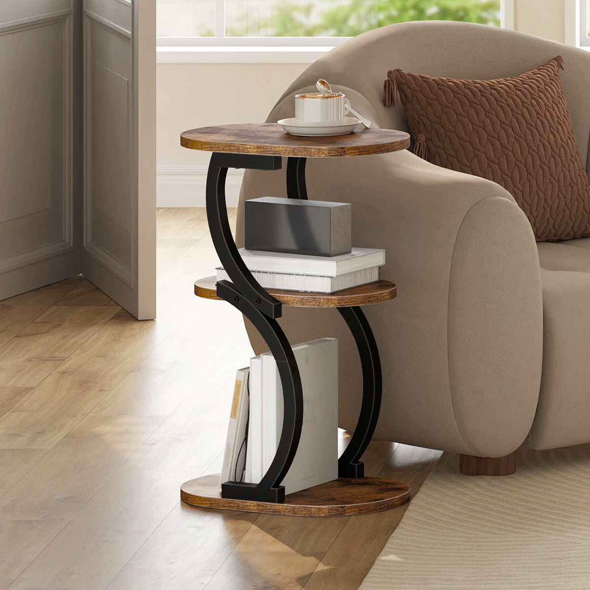 HOOBRO 3-Tier Side Table, Small Table with Storage Shelf, Oval Sofa Table for Small Space, Slim Bedside Table Round Corner Table for Living Room - image 4