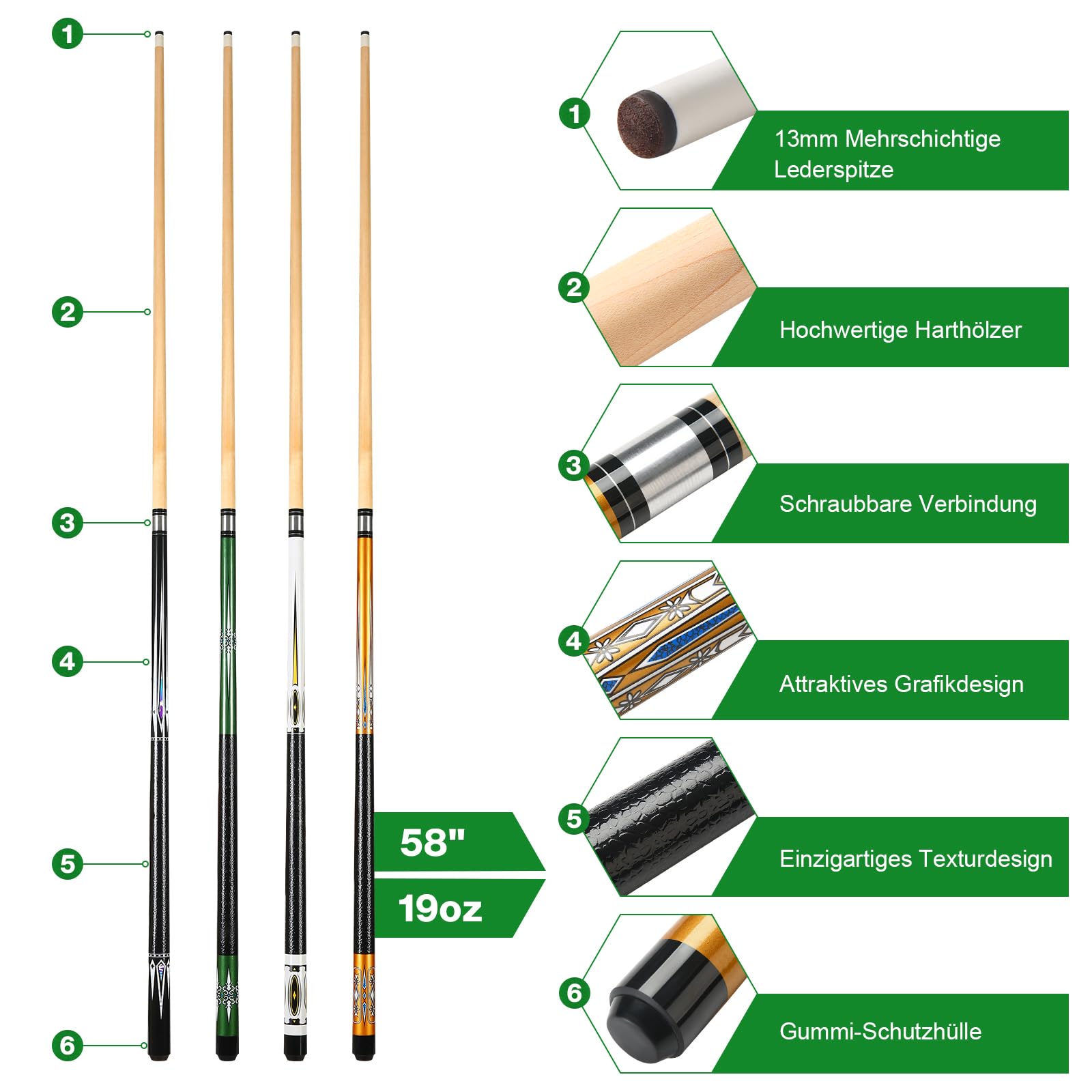 ASMPCUE 58 Inch Pool Cue Set of 4 | 19oz Maple Billiard Sticks with 13mm Tip