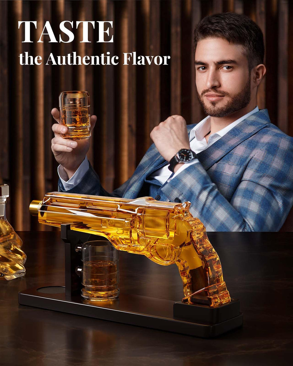 Kollea Gun Whiskey Decanter Set with 2 Glasses and Wooden Stand
