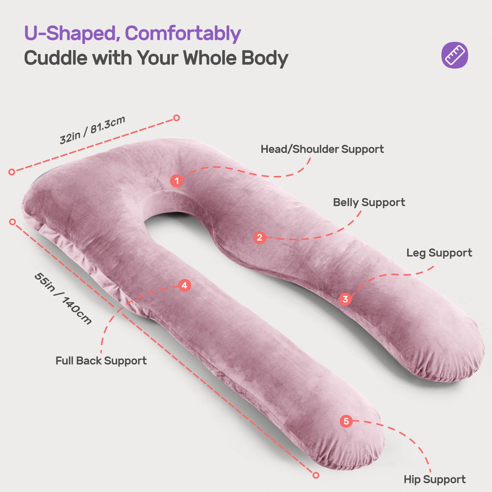 Nuliie U-Shaped Pregnancy Pillow - Full Body Maternity Support, Mauve Pink
