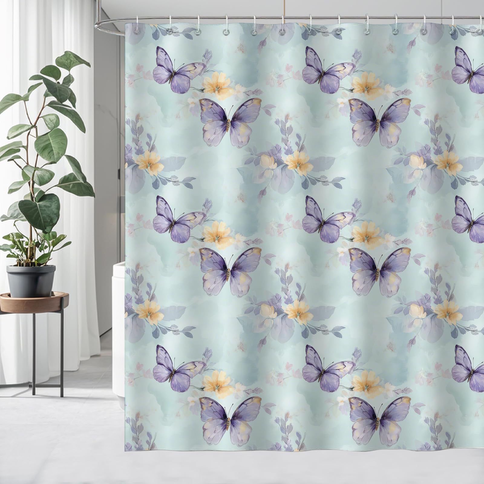 Jolof Store Blue Butterfly Floral Shower Curtain | Weighted 200x200cm