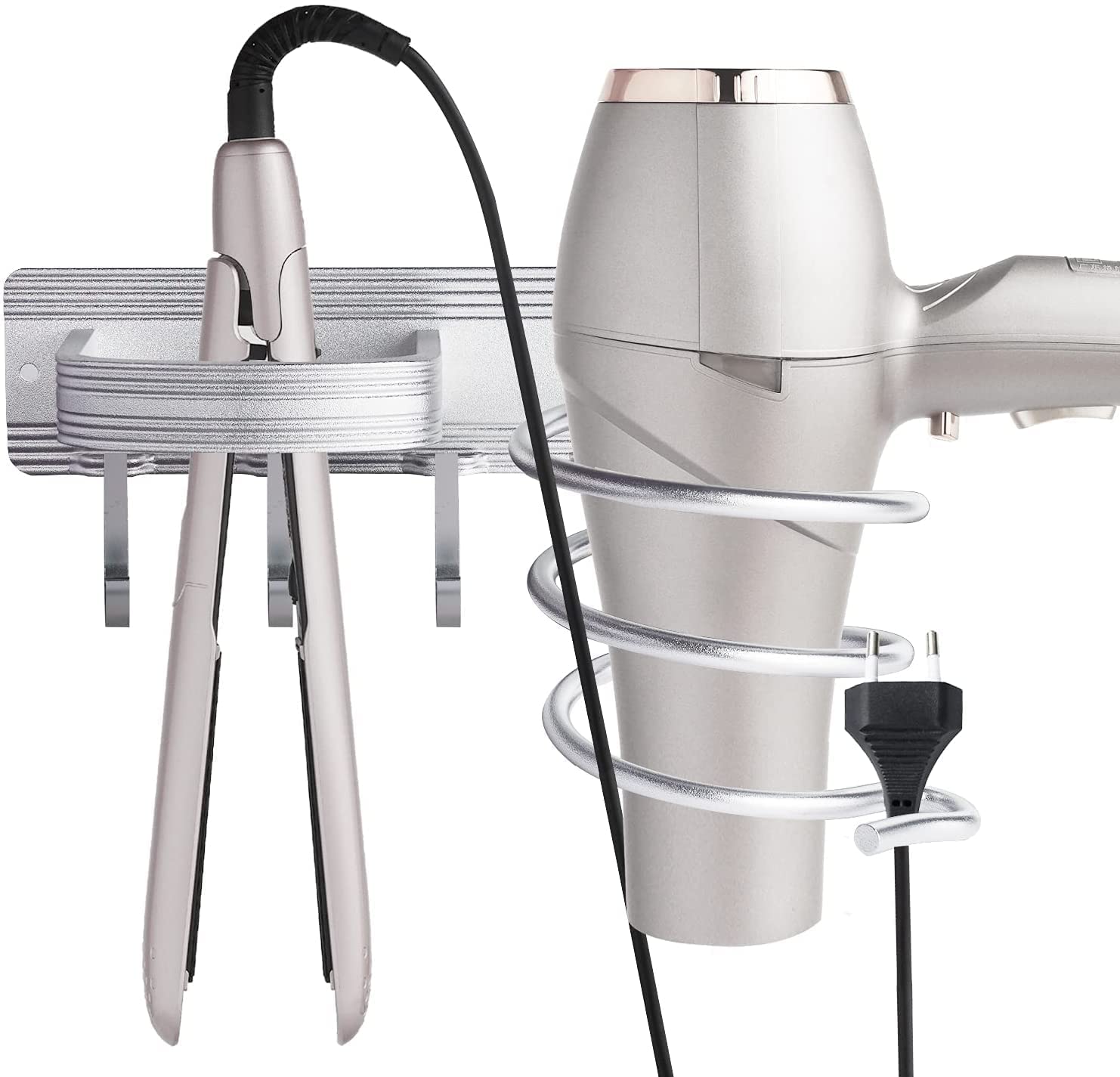 YUET Aluminum Hair Dryer Holder - Wall Mounted Organizer with 4 Hooks