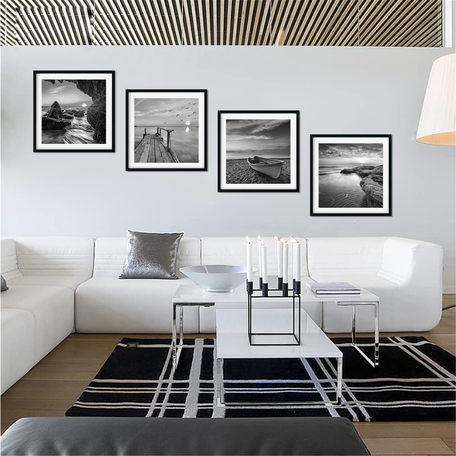 Black and White Seascape Wall Art | 12x12 Framed Prints 4PCS