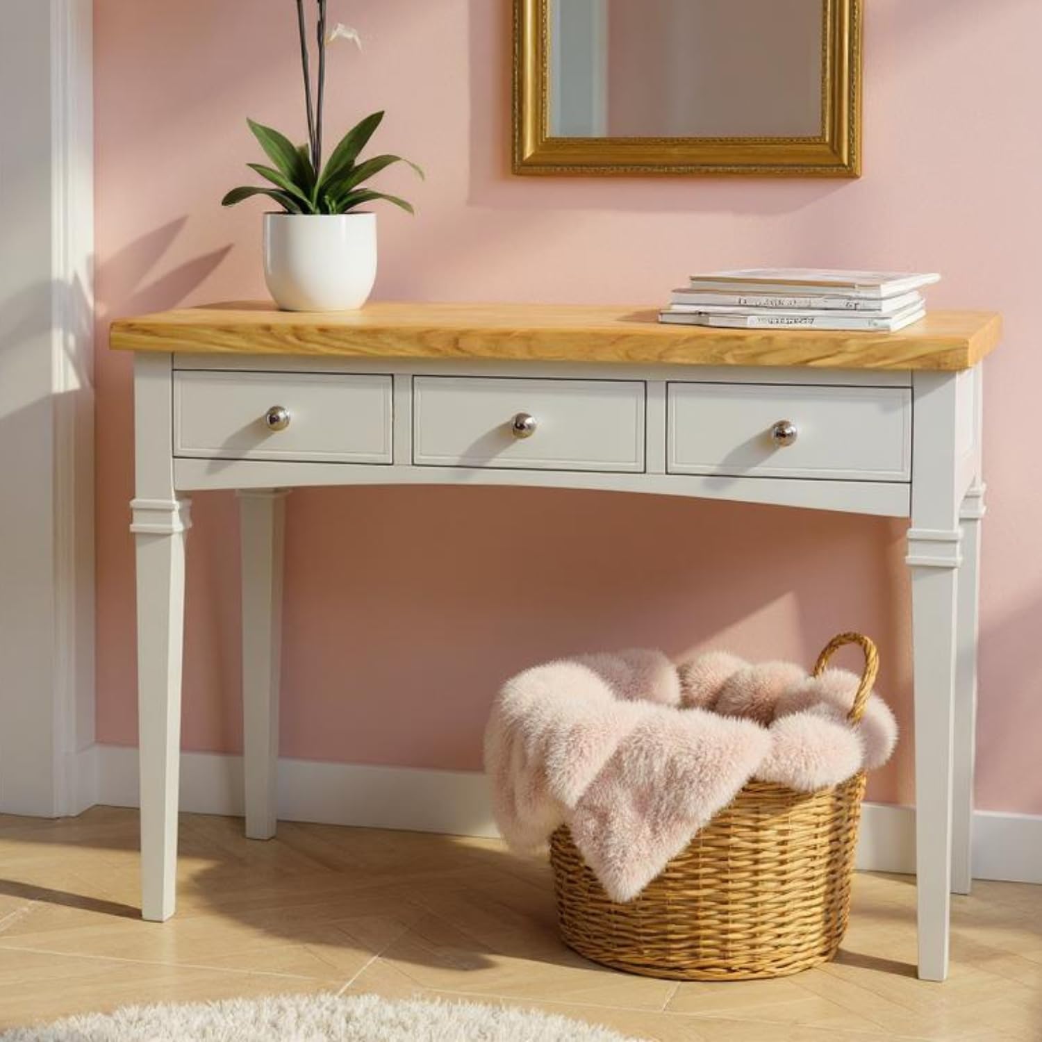 Jolof Store Grey Painted Oak Dressing Table - 3 Drawer Vanity Desk