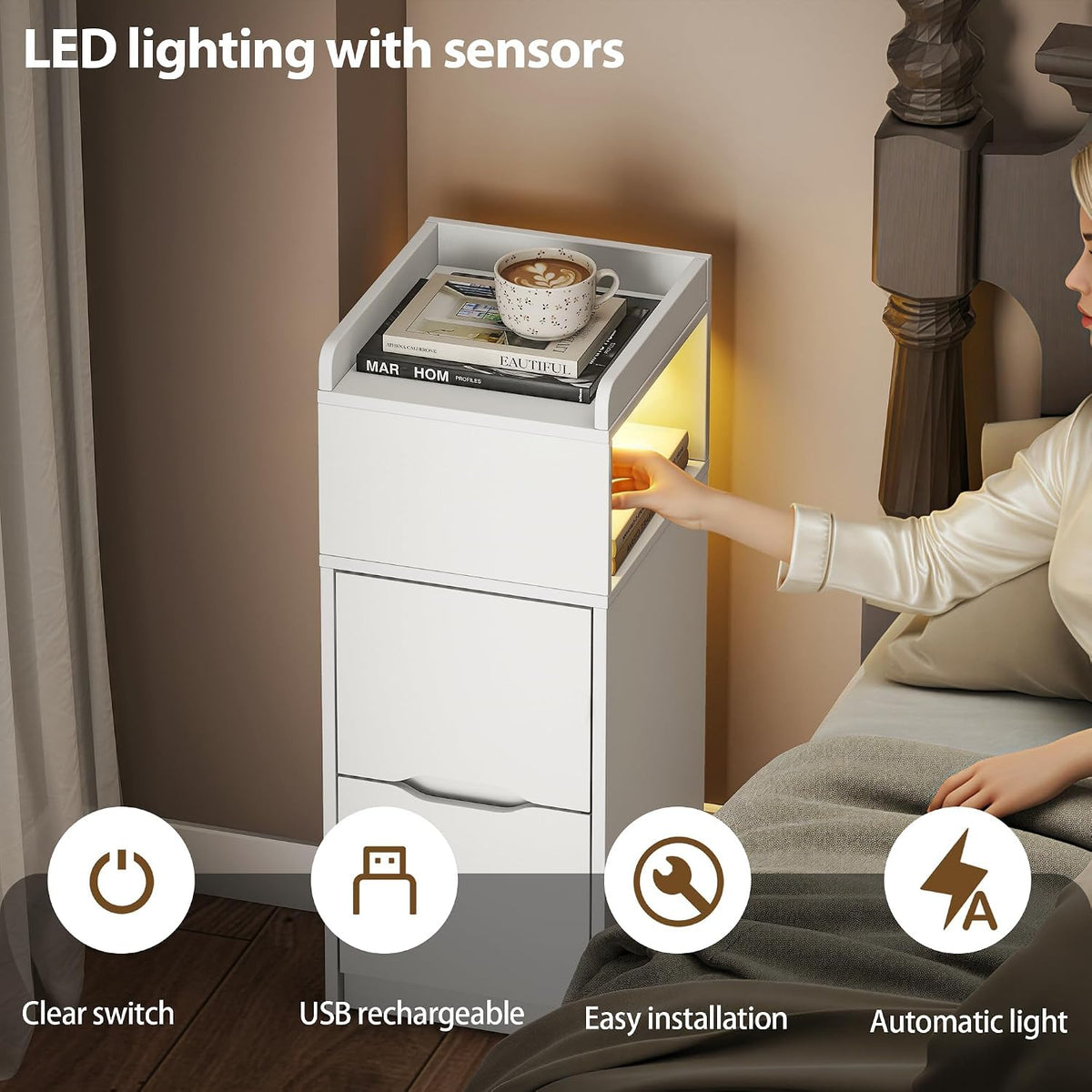 Quikraen Set of 2 Slim Bedside Table with Charging Station&Sensor LED Light - image 4