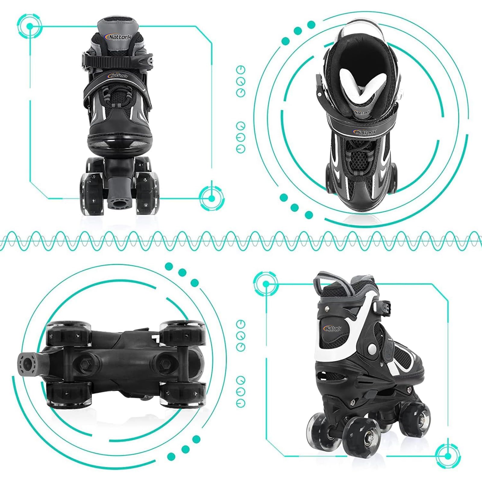 Nattork Kids Adjustable Roller Skates with Light up Wheels – 4 Sizes