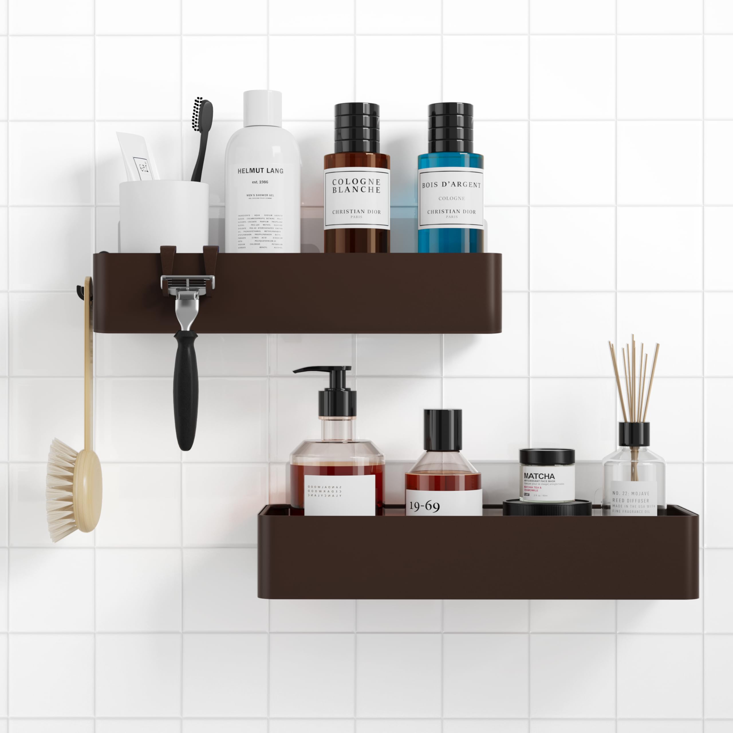 Kitsure 2-Pack Rustproof Shower Caddy | Drill-Free Bathroom Shelves, Brown