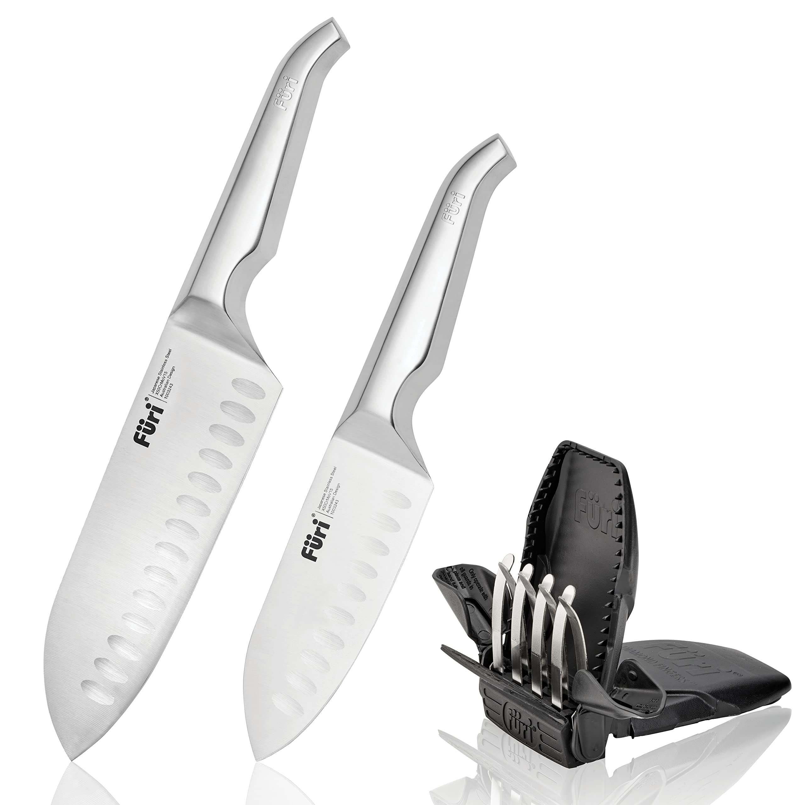 Furi Pro 3-Piece East/West Santoku Knife Set with Sharpener | Stainless