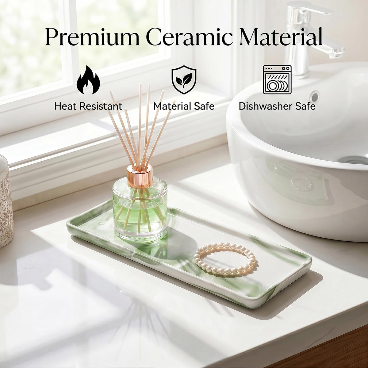 Green Marble Pattern Ceramic Vanity Tray,20.5x9.5x1.2cm Perfume & Jewelry Dish,Rectangular Countertop Organiser for Bathroom,Vanity - image 5