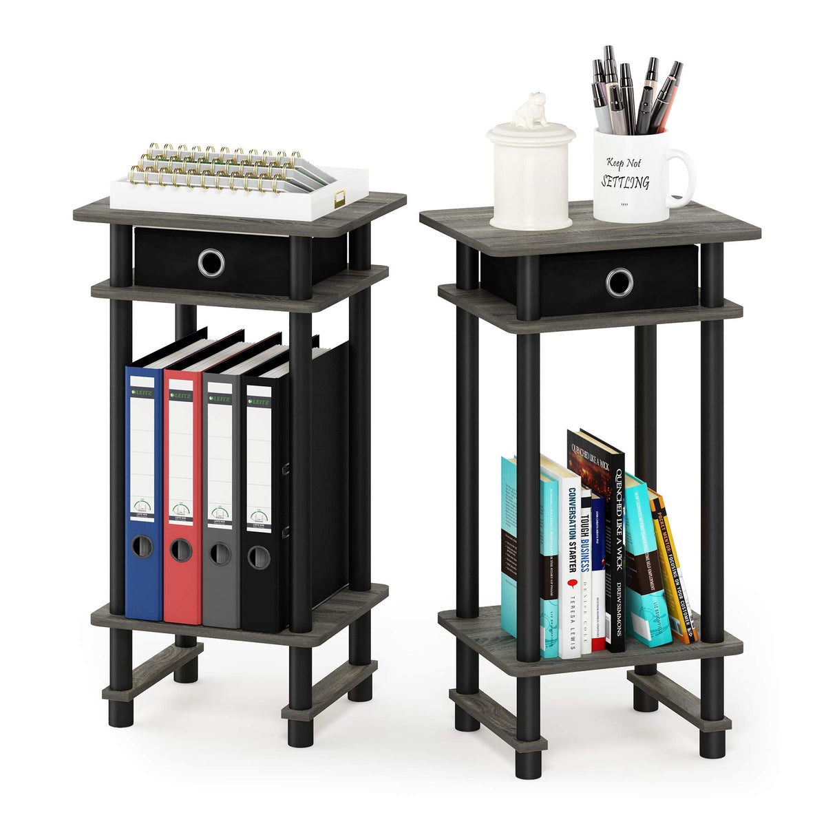 Furinno TURN-N-TUBE Side Table Set of 2, 3-Tier End Table with Storage Bin, Open Shelf Night Stand, Bedside Table, for Living Room, Bedroom - image 1