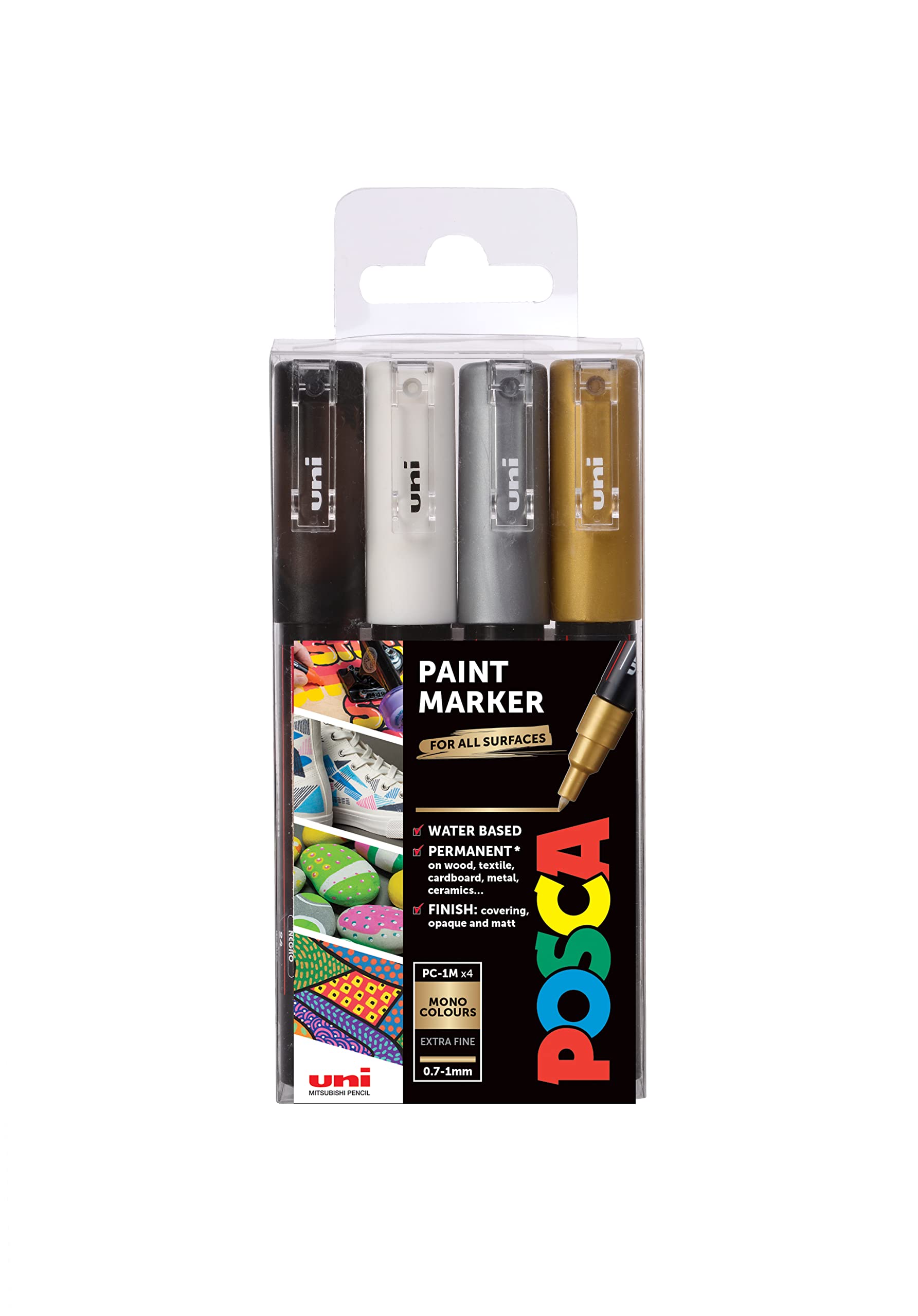 POSCA PC-1M Paint Markers | Extra Fine 0.7mm Tip | Mono Colours | Set of 4