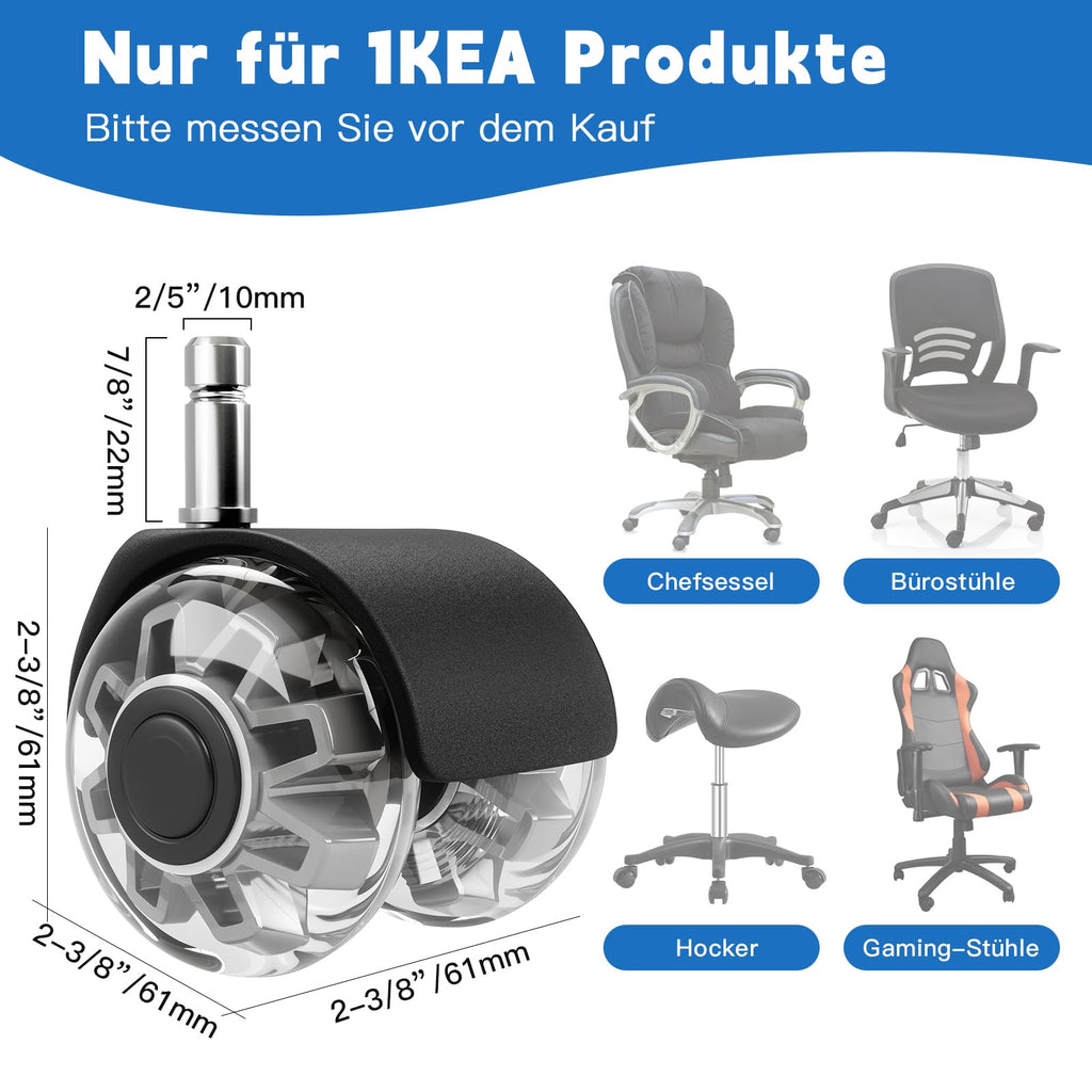 Replacement Office Chair Wheels 1000 kg - 10 x 22 mm Wheels for Office Chairs, Smooth and Quiet Hard Floor Castors