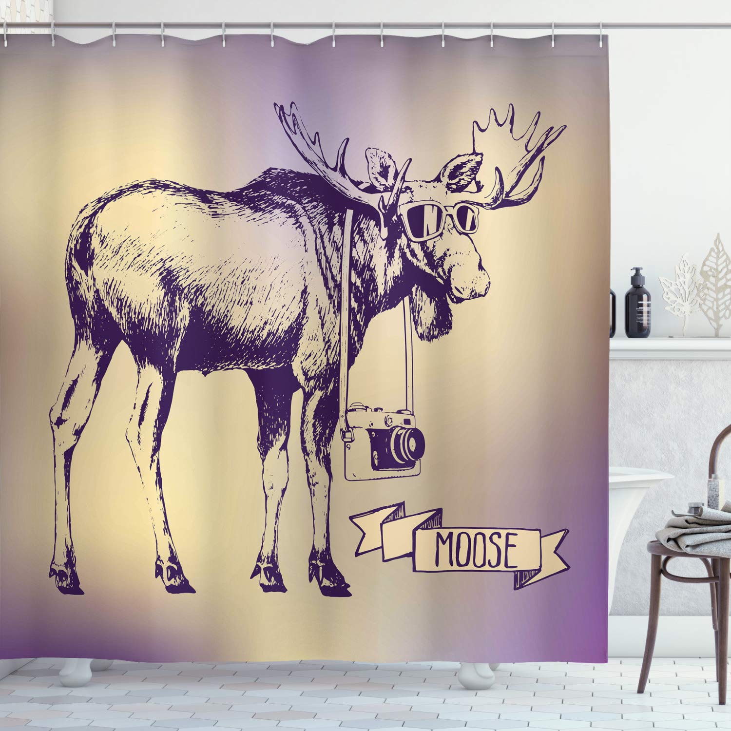 ABAKUHAUS Moose Shower Curtain | Hipster Animal Art Fabric Decor, 94"