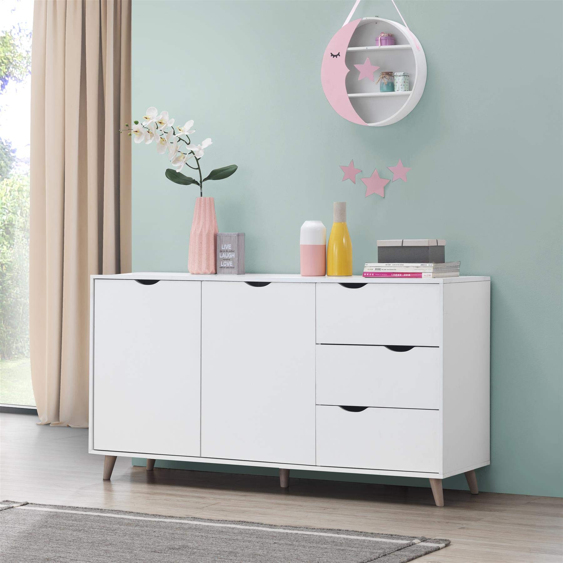 Timber Art Design Modern White Sideboard Cabinet | 2 Doors 3 Drawers