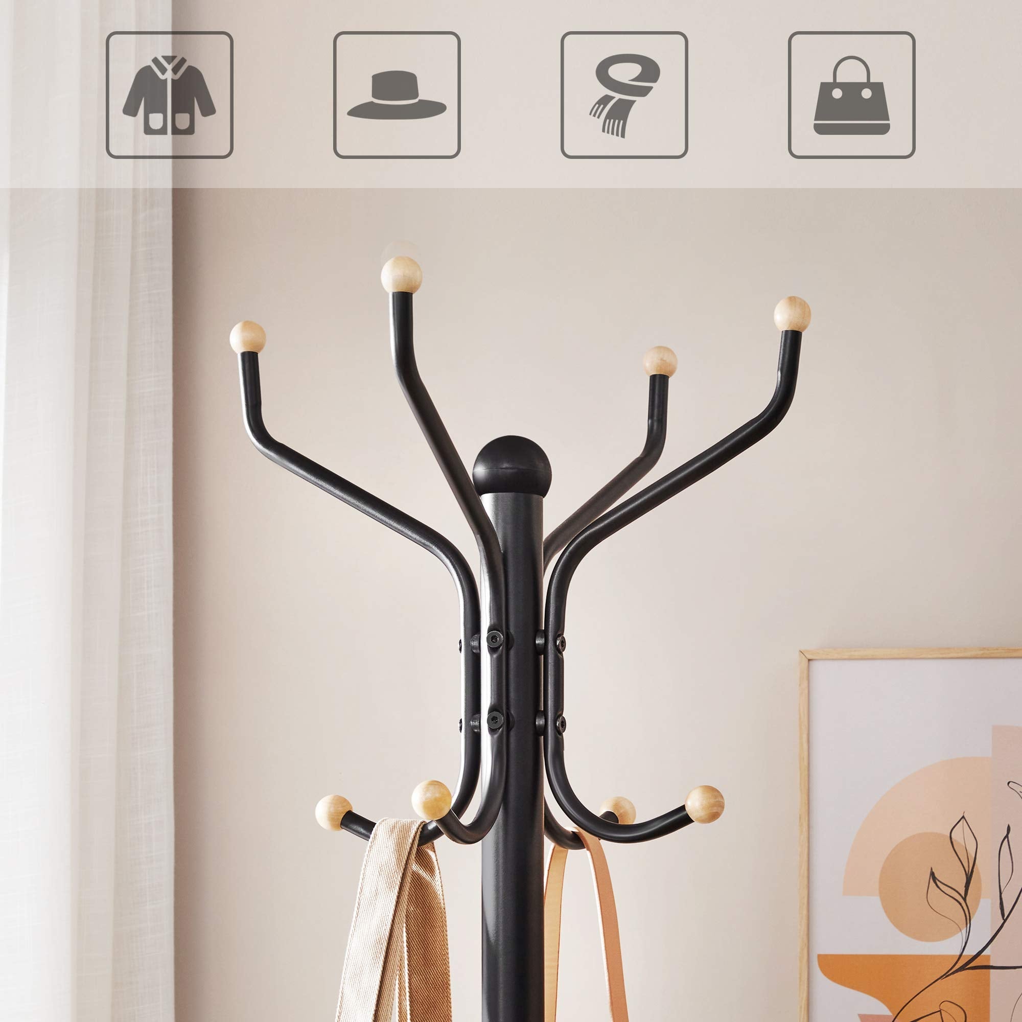 SONGMICS Metal Coat Rack Stand | 12-Hook Free Standing Hall Tree, Black