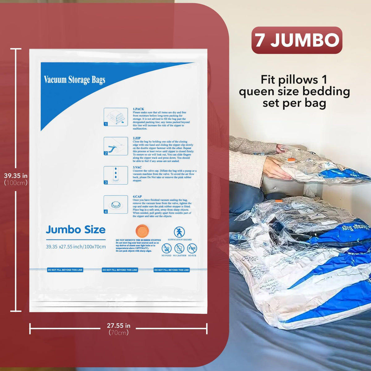 Vacuum Storage Bags 7 Jumbo, Space Saver Sealer Bags, Airtight Compression Bags for Clothes, Pillows, Comforters, Blankets, Bedding - image 4