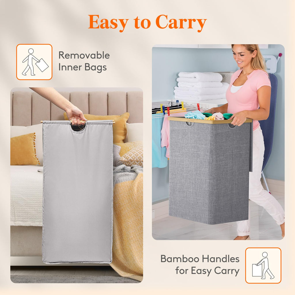 Lifewit 160L Bamboo Laundry Basket with Lid | 2-Section Folding Hamper