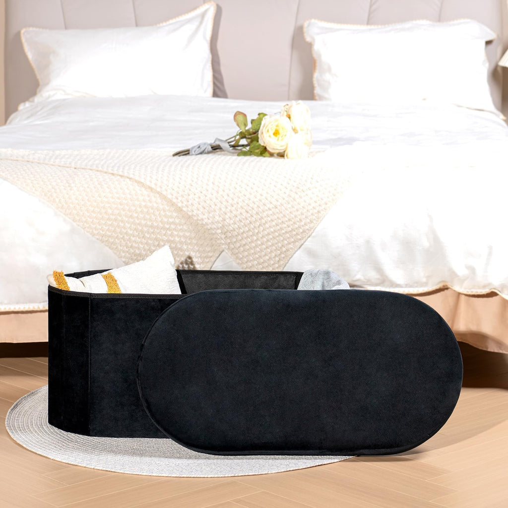 Bonlife Black Velvet Storage Ottoman Bench – Foldable Oval Toy Box