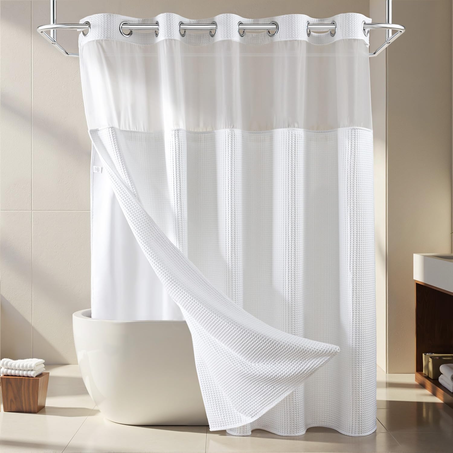 Hookless Waffle Weave Fabric Shower Curtain with Liner