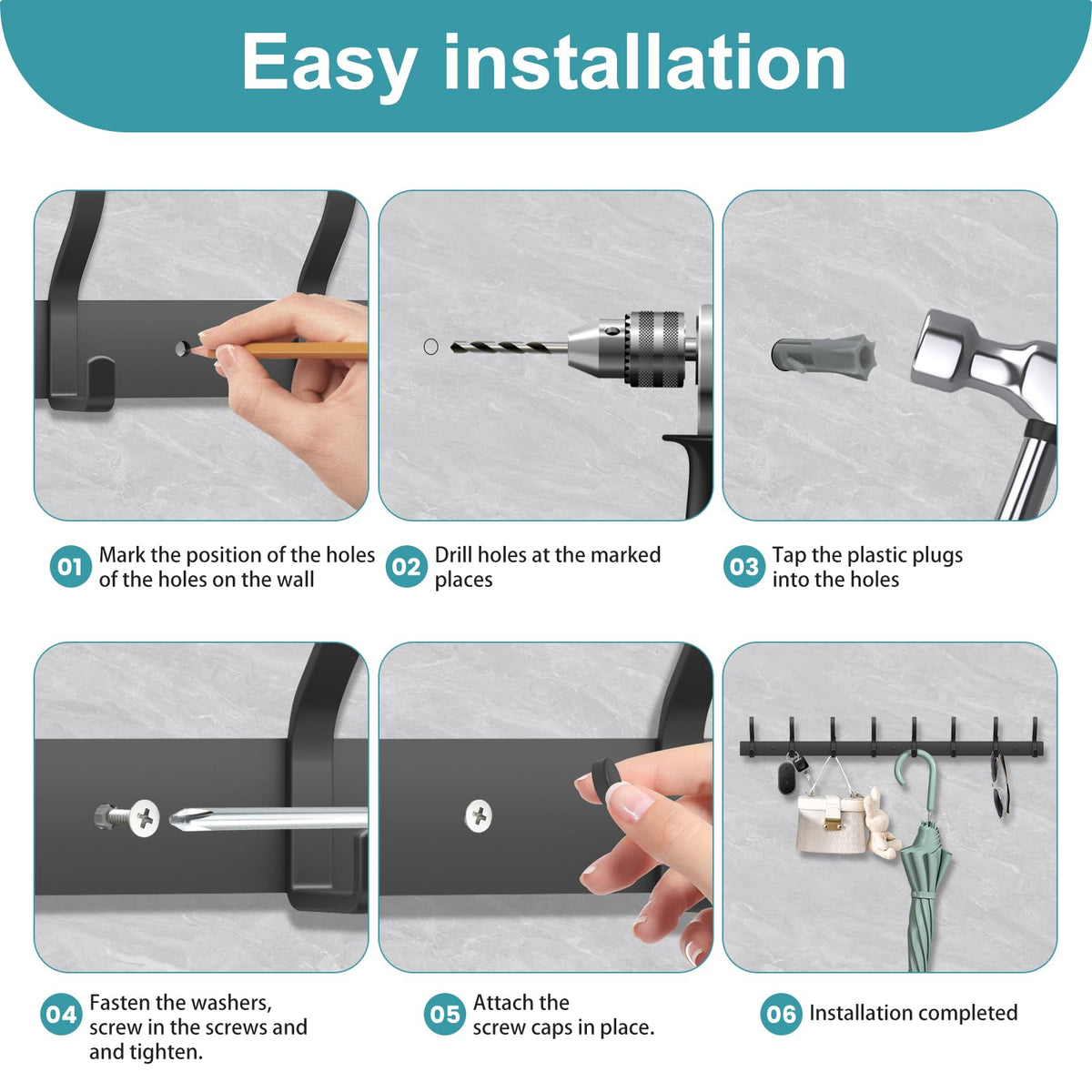 MEIJO Coat Hooks Wall Mounted Stainless Steel, Black Coat Rack Wall Mounted with 4 Hooks Heavy Duty Coat Hooks for Door, Bathroom, Bedroom, Kitchen - image 3
