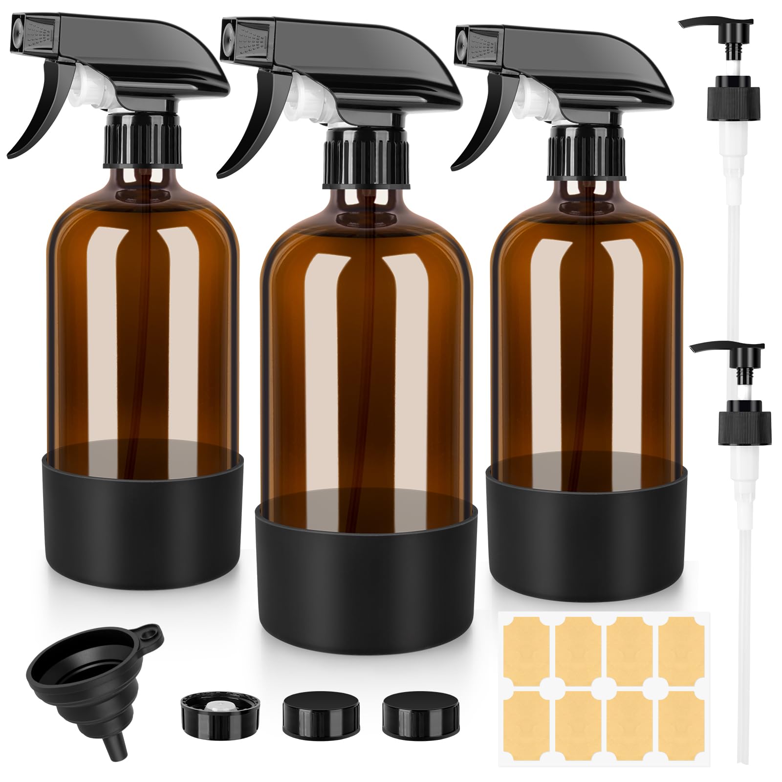BELICOO Amber Glass Spray Bottles - 500ml Refillable 3-Pack for Cleaning