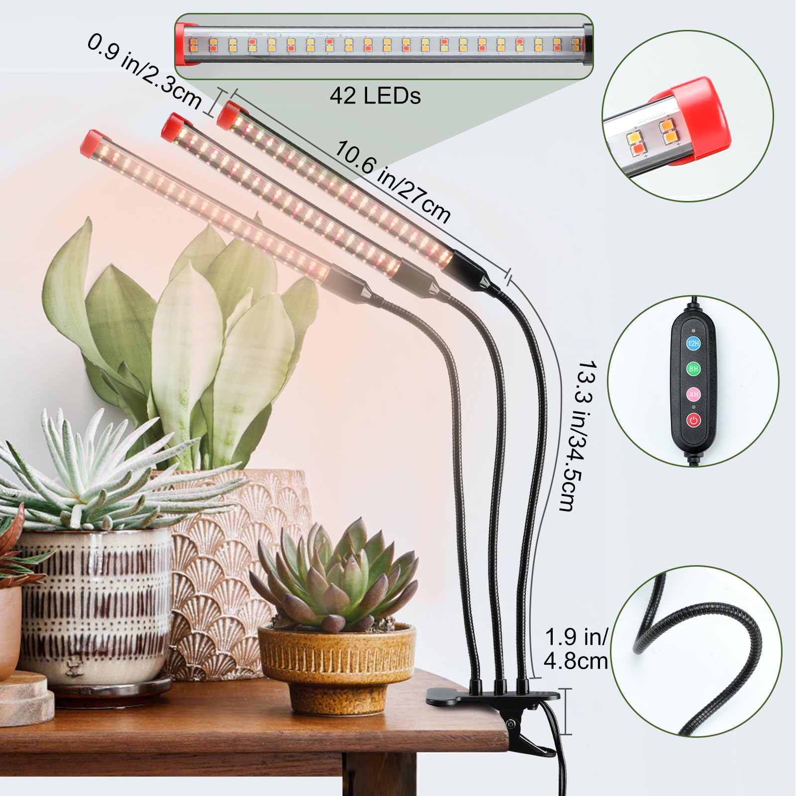 FECiDA 27W LED Clip Grow Light | Full Spectrum 3000LM Lamp with Timer