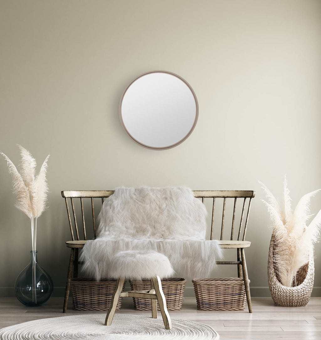 Jolof Store Round Wooden Wall Mirror – 50cm Deep Framed Beige Brown