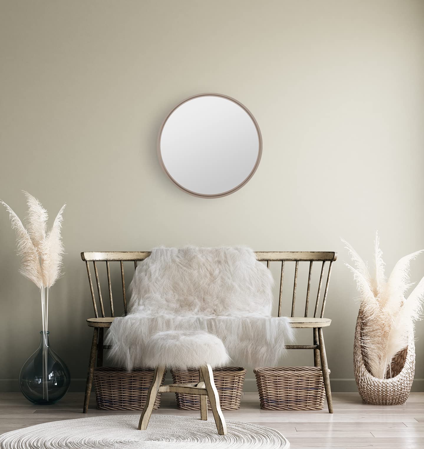 Jolof Store Round Wooden Wall Mirror – 50cm Deep Framed Beige Brown