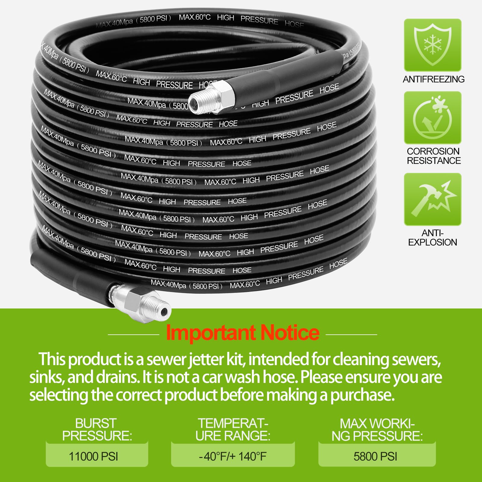 30M Drain Jetting Hose for Karcher & Bosch, 5800 PSI Sewer Kit