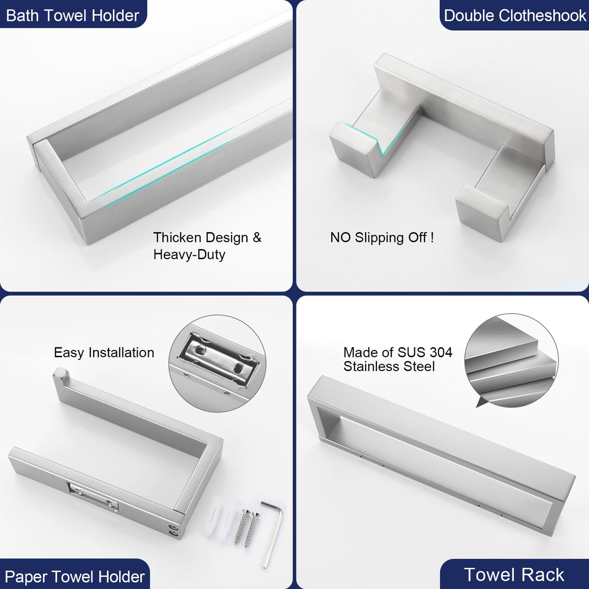 TURS Brushed Finish 4-Pieces Towel Bar Holder Sets,Concealed Screws - image 3