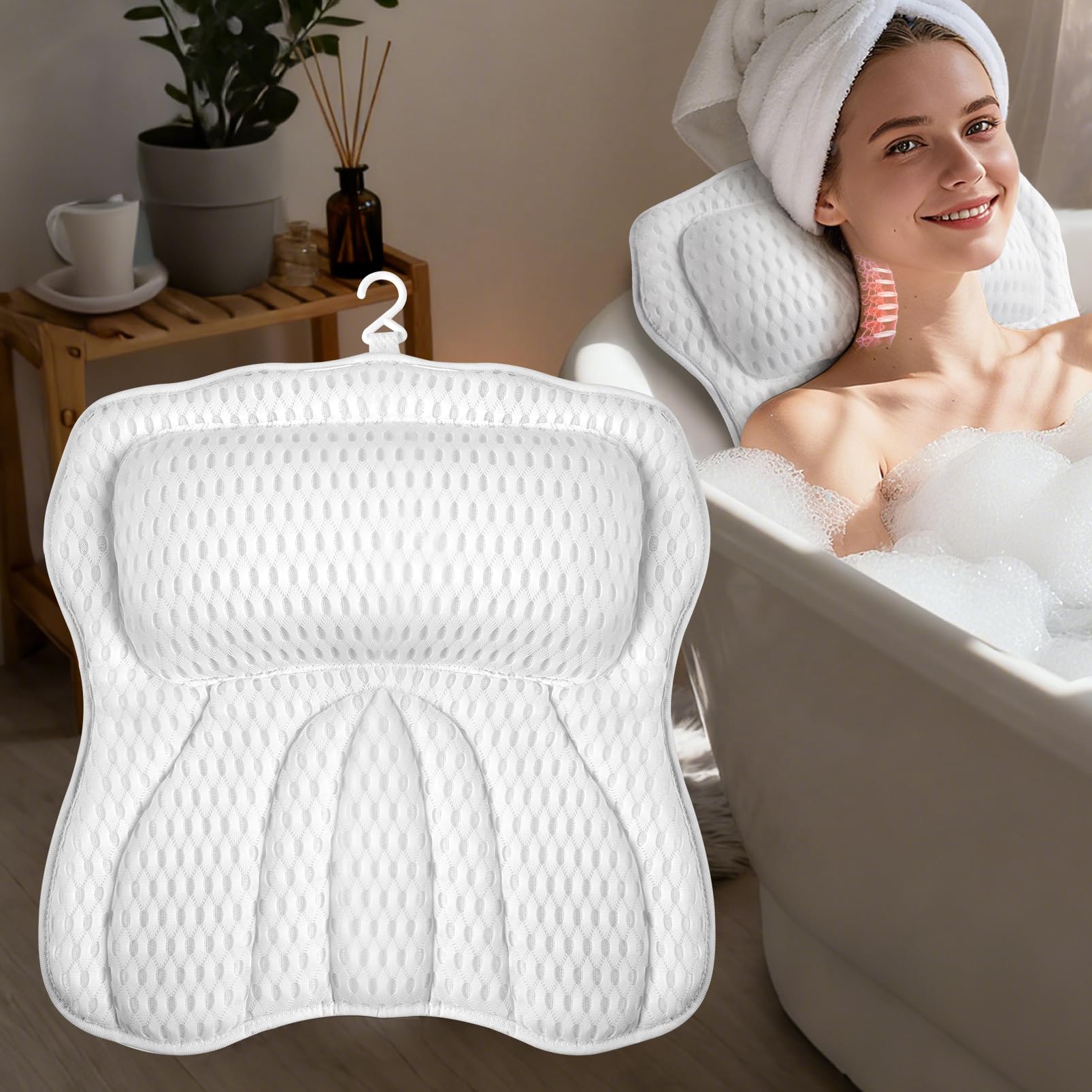 AOPOW 5D Air Mesh Bath Pillow – Ergonomic Bathtub Cushion with 6 Suctions