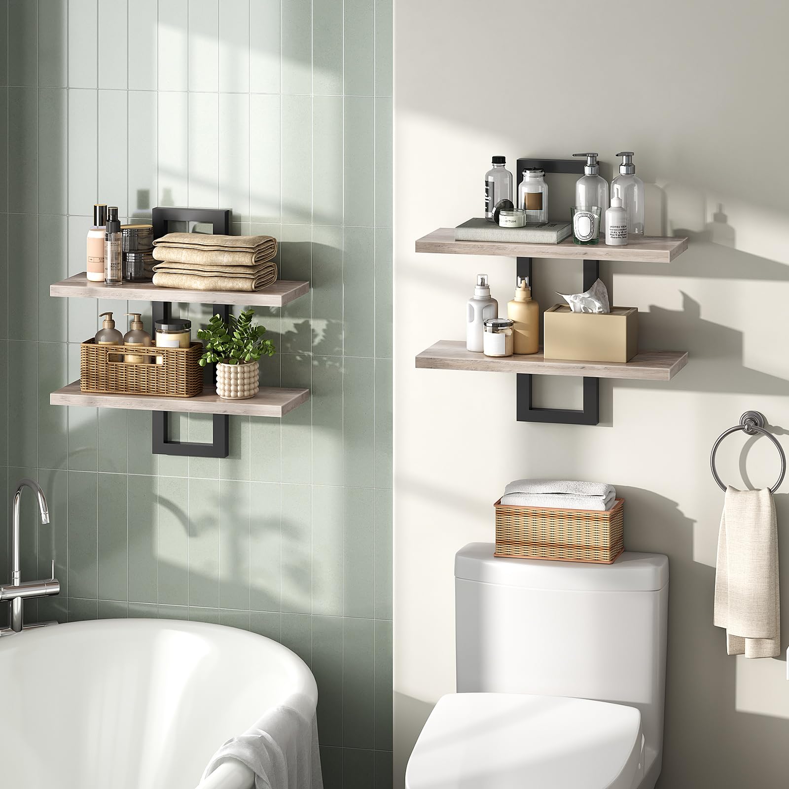 HOOBRO 2-Tier Floating Shelves Set | Greige & Black Wall Mounted Racks