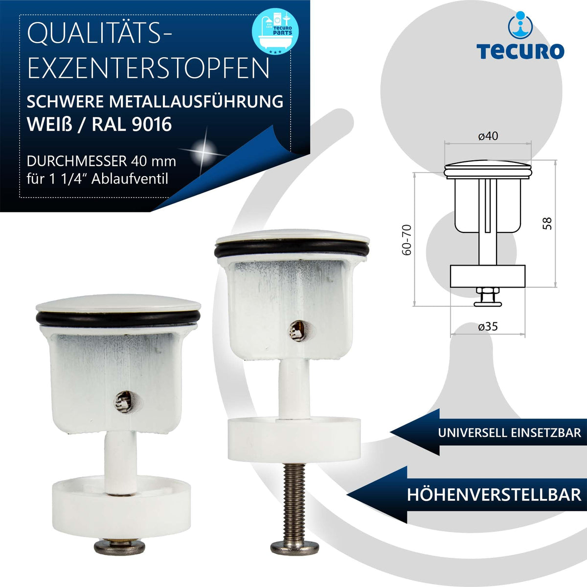 Tecuro Eccentric Plug Diameter 40 mm White Ral 9016, Drain Plug Insert for Drain Cover Hair Catcher - image 4