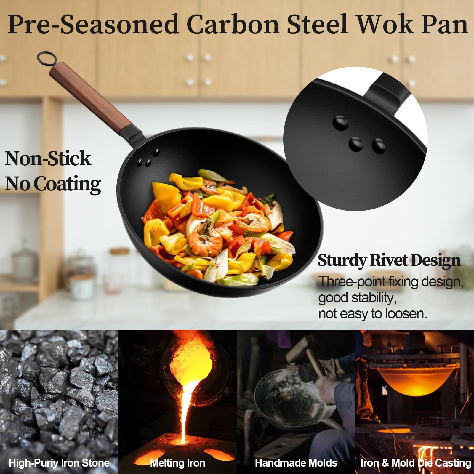 Jobin 13" Carbon Steel Wok with Lid – Non-Stick Flat Bottom Stir Fry Pan