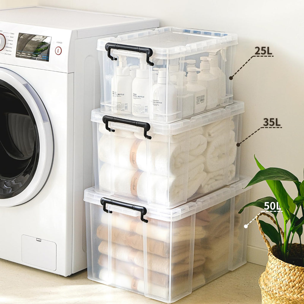 Cetomo 50L Stackable Clear Plastic Storage Boxes with Lids – 3 Pack