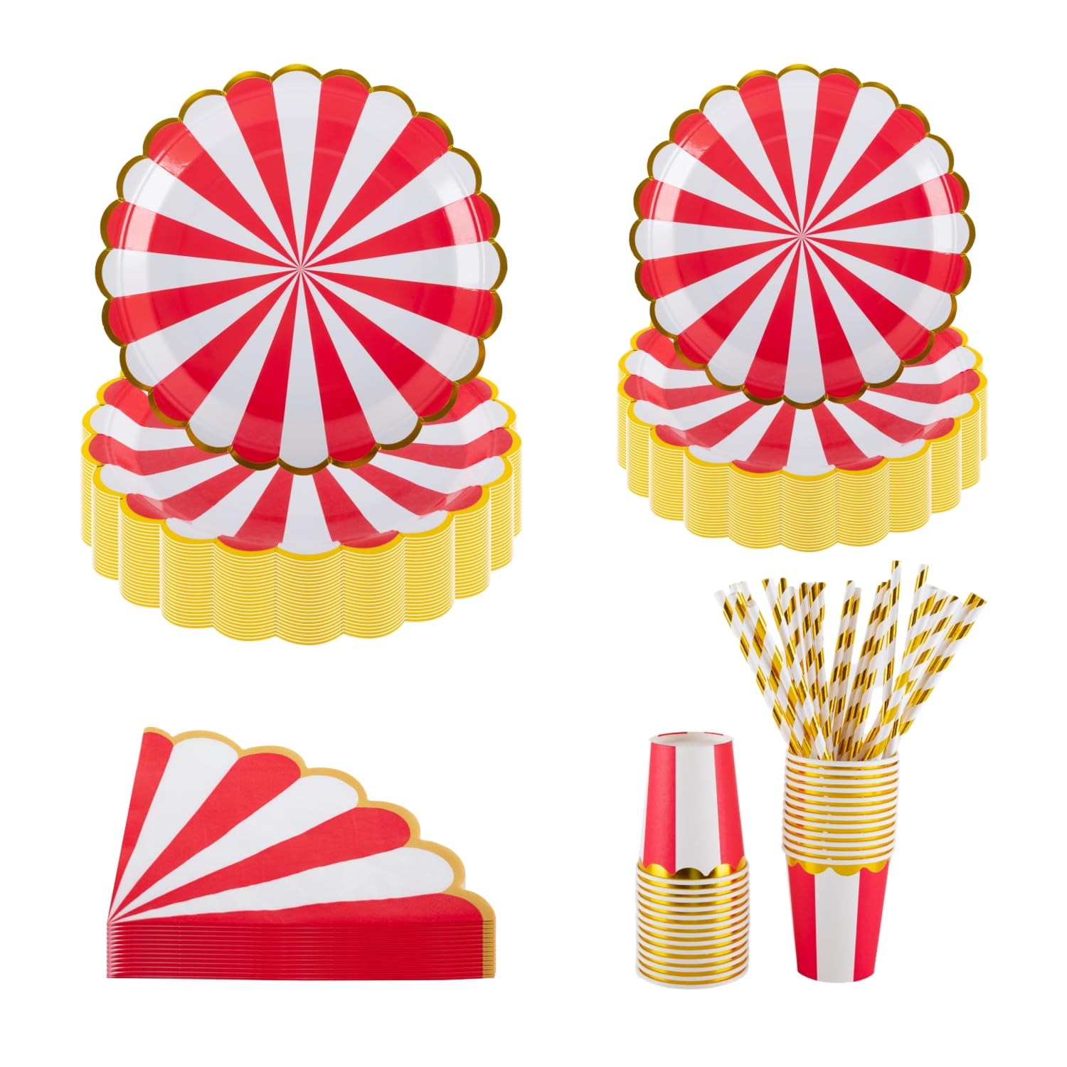 PHUNAT Red and White Paper Party Plates and Napkins Set - 25 Guests