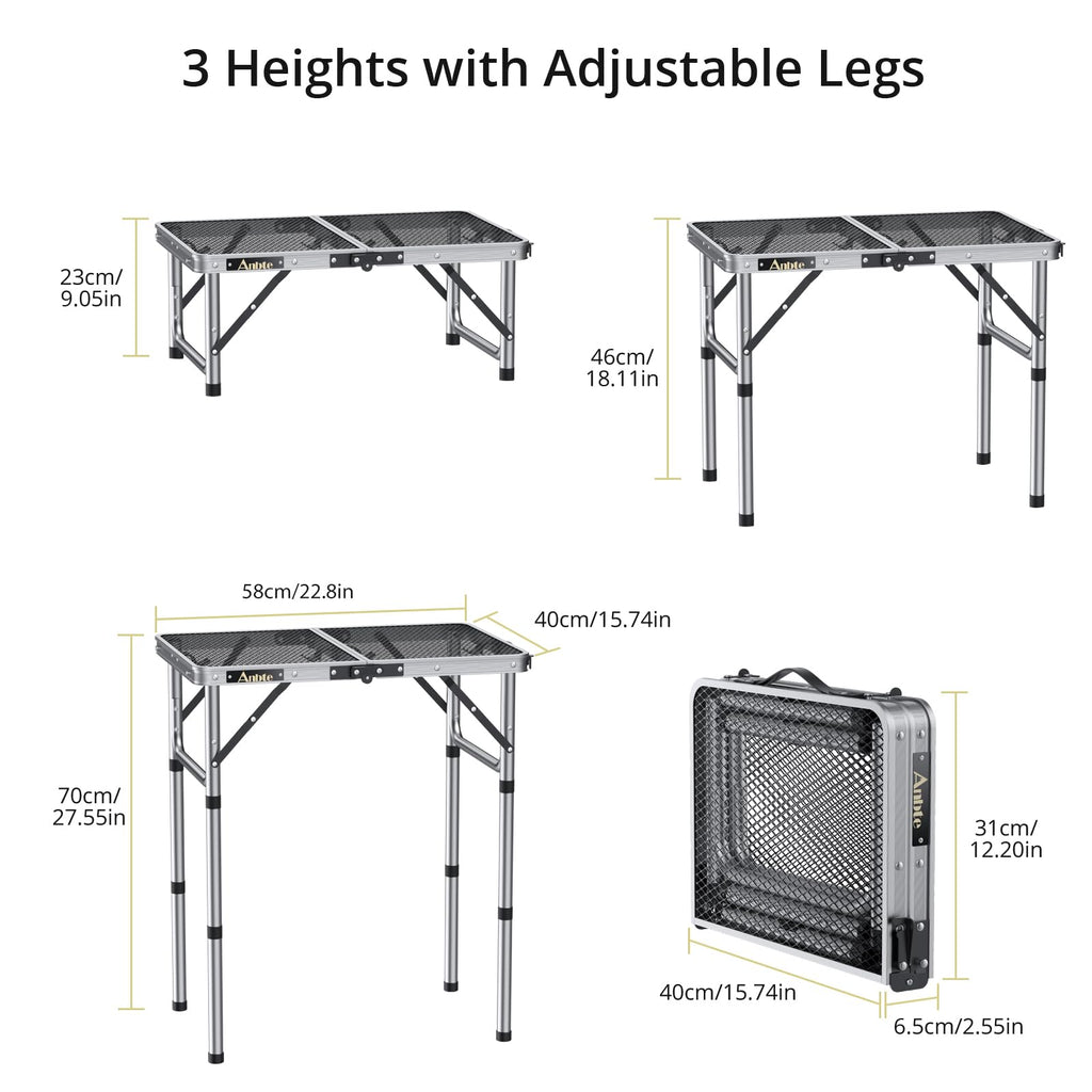 Anbte Folding Grill Table – 3 Adjustable Heights Aluminum Camping Table