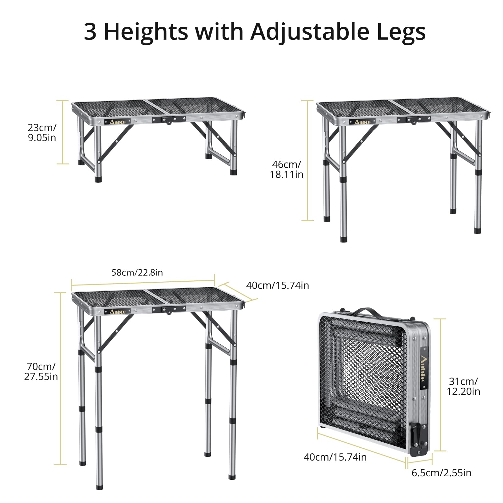 Anbte Folding Grill Table – 3 Adjustable Heights Aluminum Camping Table