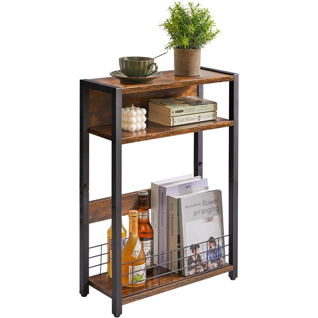 IBUYKE Narrow Side Table – 3-Tier Industrial End Table with Magazine Rack