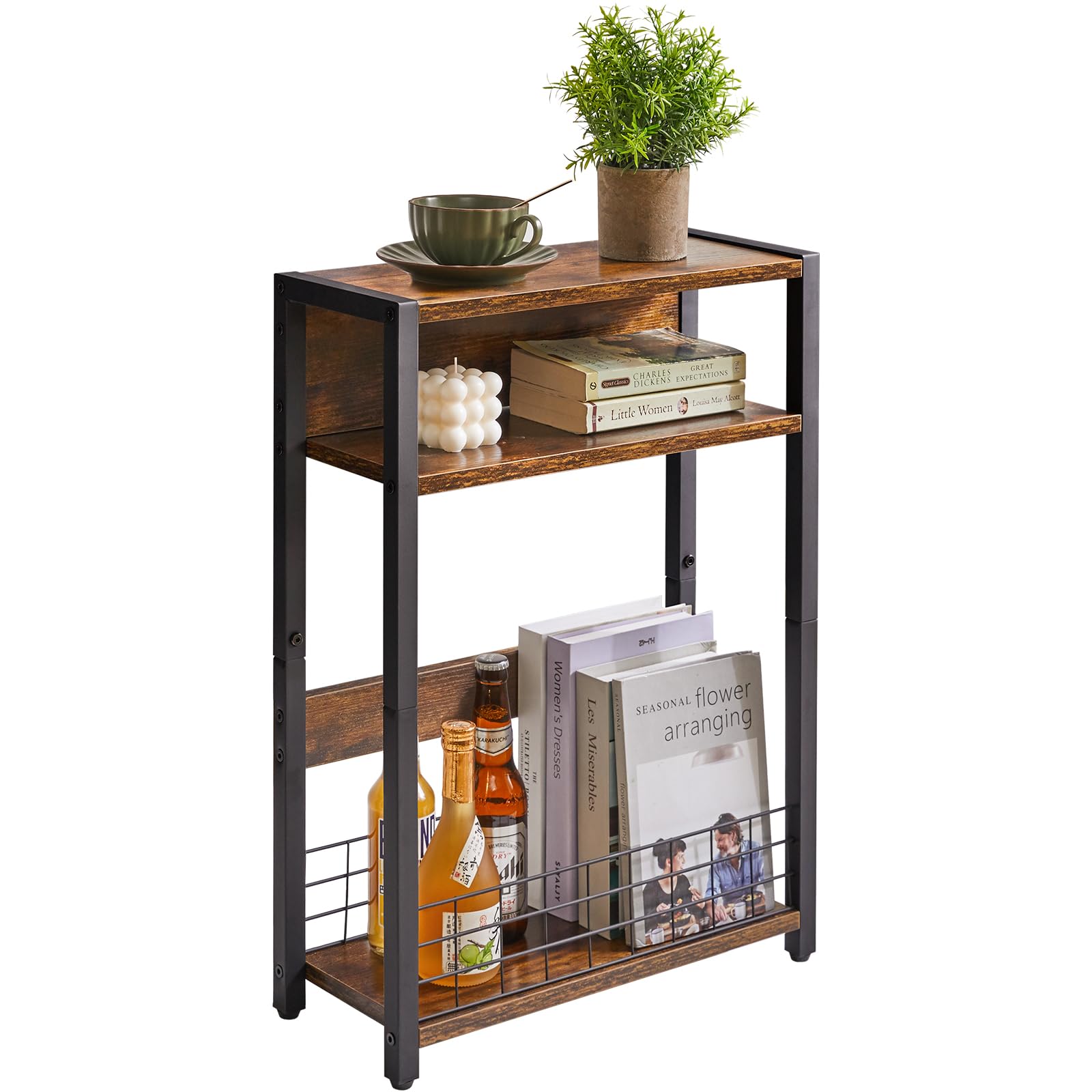 IBUYKE Narrow Side Table – 3-Tier Industrial End Table with Magazine Rack