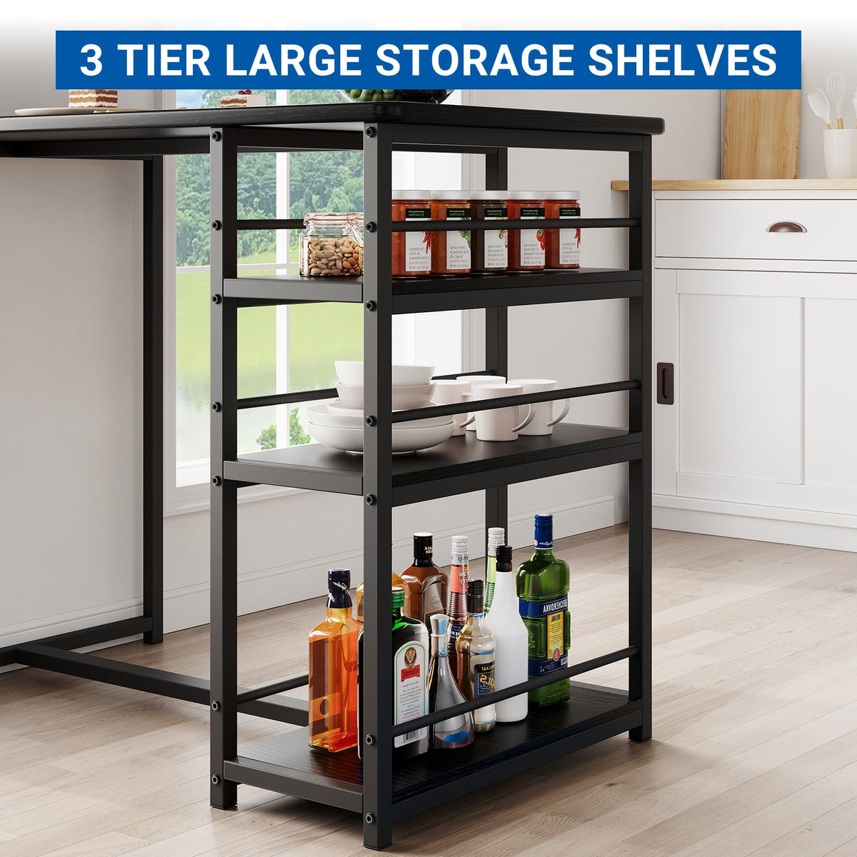 Crevyteg Compact 3-Piece Breakfast Bar Set for Small Spaces - Includes Storage Shelf Table & 2 High-Back PU Leather Stools - image 4