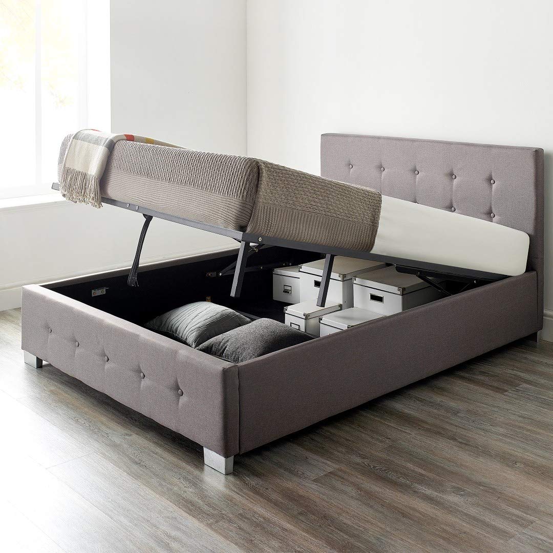 Aspire Beds Upholstered Ottoman Storage Bed - Beige Linen - 4ft 6 Double