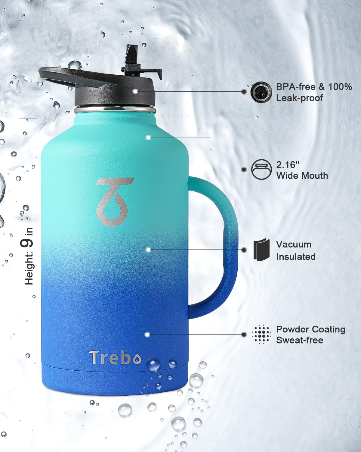 Trebo 2L Insulated Water Bottle | Stainless Steel Wide Mouth – Blue