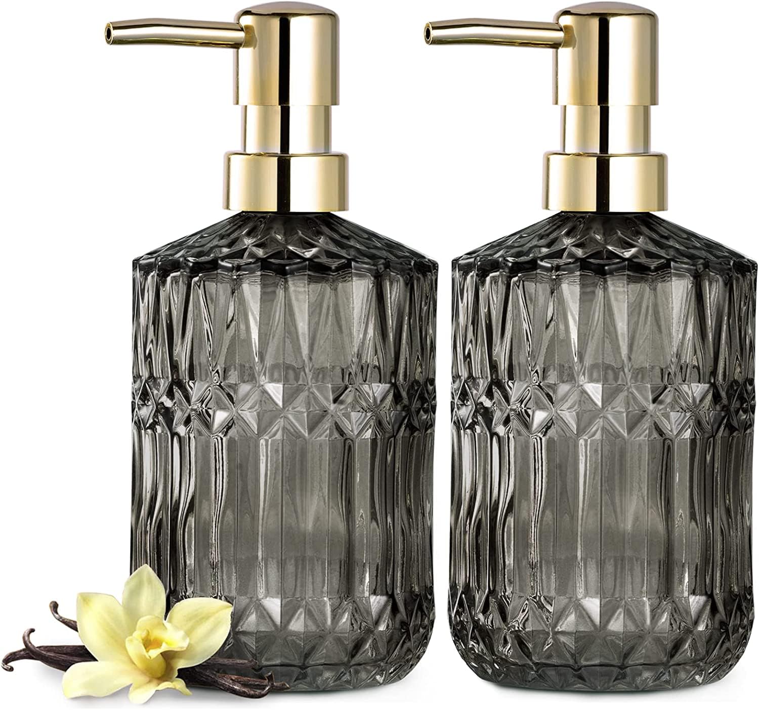 EMPO Glass Soap Dispenser 2-Pack - 12oz Refillable Lotion Bottles, Grey