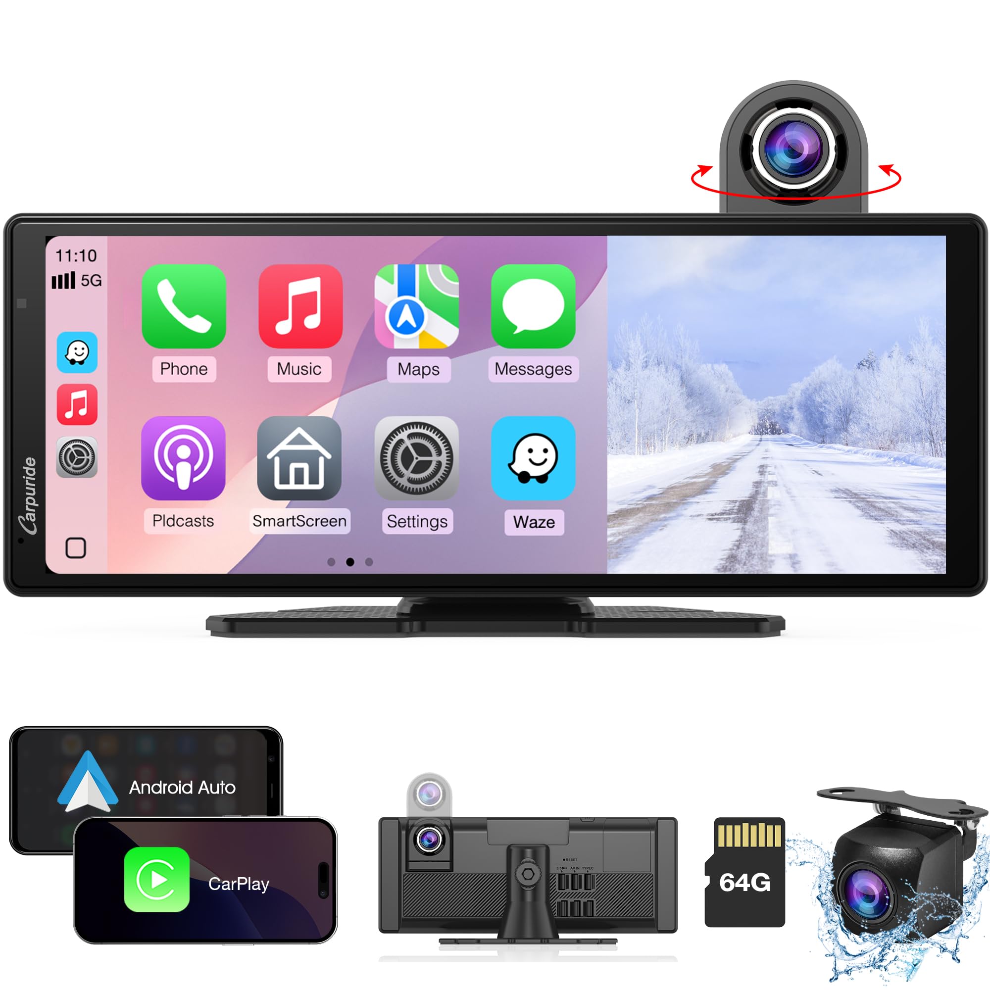 Carpuride 10.26" Wireless Carplay Screen | 4K Dash Cam & Android Auto