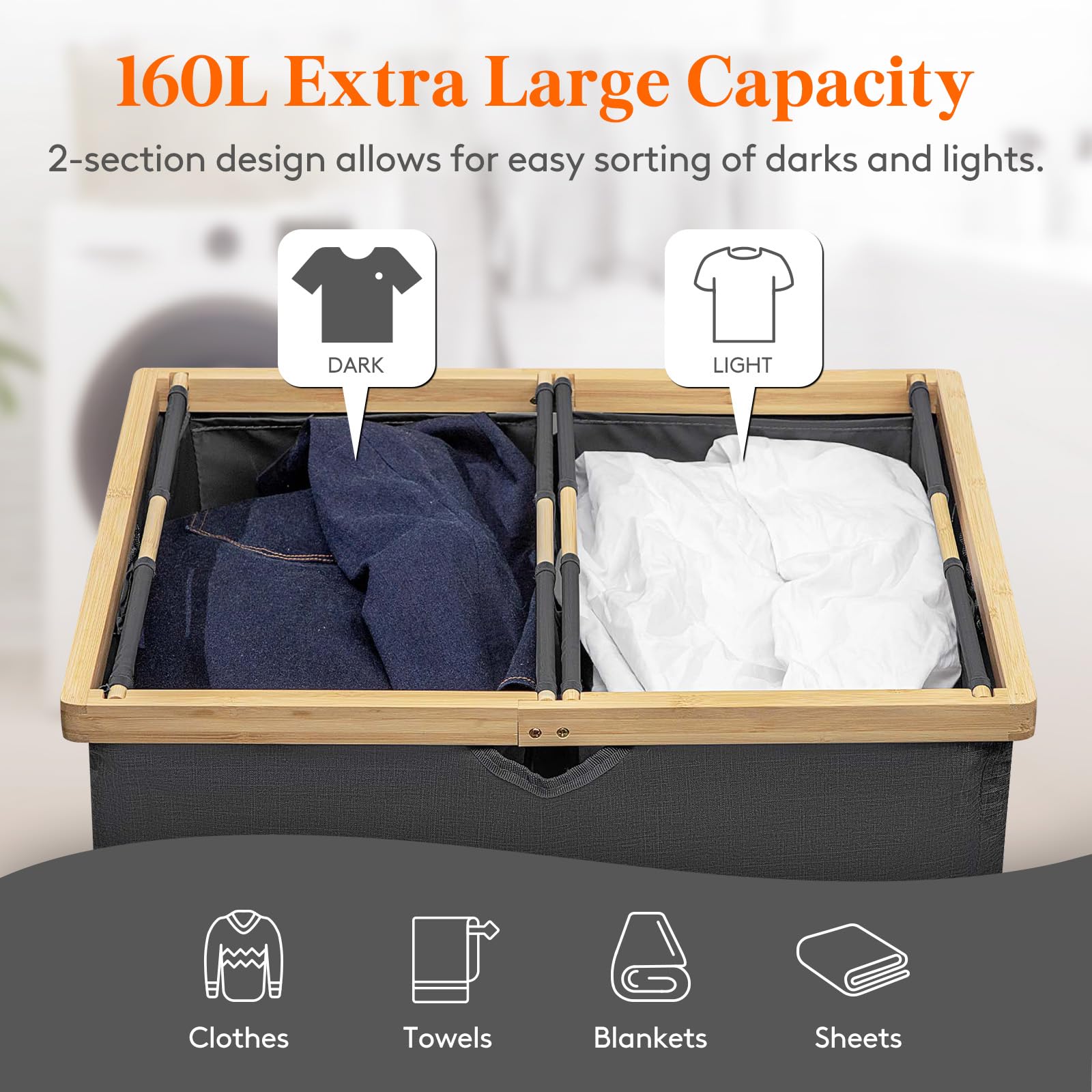 Lifewit 160L Bamboo Laundry Basket with Lid | 2-Compartment Hamper